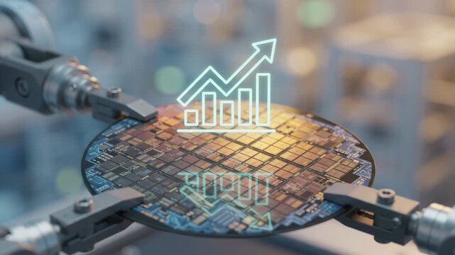 Semiconductor wafer held by robotic arm represents technology growth, innovation, and industrial automation, with a rising chart symbolizing progress in electronics manufacturing and digital