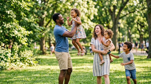 Interracial family playing in park, parents engaging with young children. Active family playing park, father lifting daughter, mother holding son, all enjoying vibrant green outdoor setting.