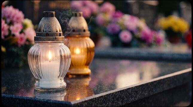 Votive candles burning on a polished granite tombstone in a cemetery, surrounded by colorful funeral flowers, symbolizing remembrance and All Saints