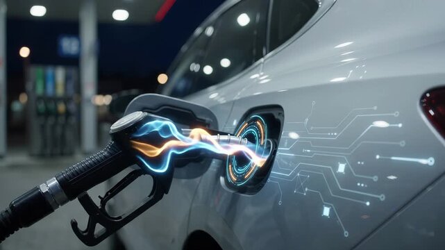Fuel nozzle connects to vehicle port with digital energy streams, symbolizing transition from gasoline to electric power, technology, innovation and automotive future.