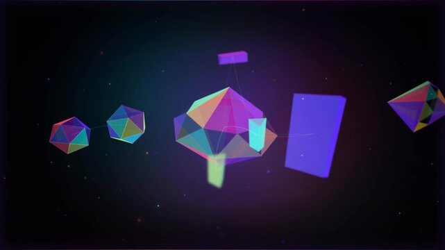 Abstract 3D Low Poly Geometric Shapes Floating in Dark Neon Cyberspace Digital Art Background Render