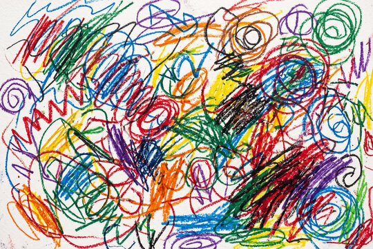 Colorful abstract crayon scribble artwork with spontaneous overlapping lines, circles, loops, and energetic childlike marks, creating an authentic kindergarten drawing aesthetic on a white background.