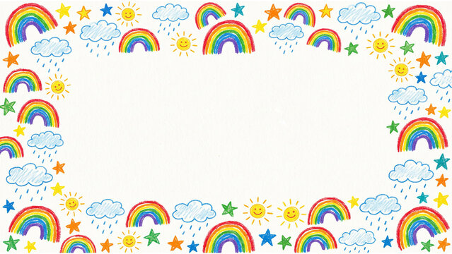 Colorful Crayon Rainbow Border with Clouds and Stars