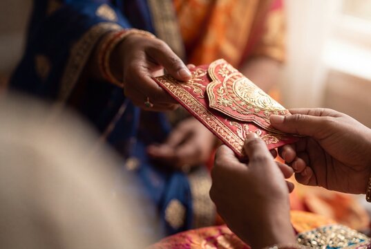 Close Up of Hands Exchanging Decorated Eidi Envelope on Eid