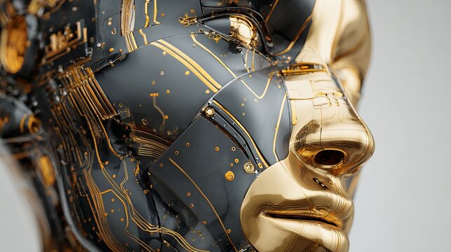 Detailed metallic robot head profile, exhibiting gold circuitry lines, showcasing futuristic design and advanced technological concept