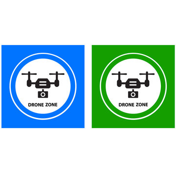 Drone zone and drones allowed template. Flat design of drone icon with action camera. Logo concept.Blue and green background