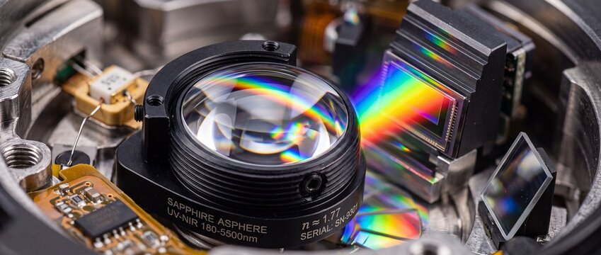 Scientific sapphire asphere lens focused on sensor array within analytical instrumentation for ultraviolet near infrared light detection