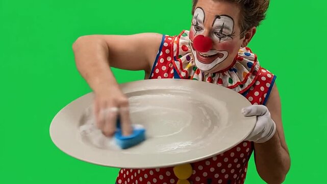 Funny circus clown cleaning a large white plate on green screen