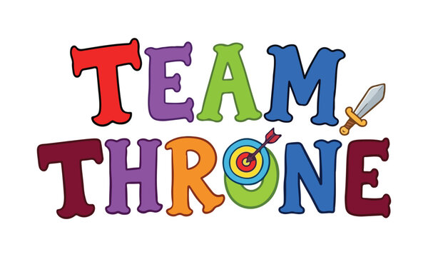 Colorful hand drawn lettering spelling team throne with a sword and apple