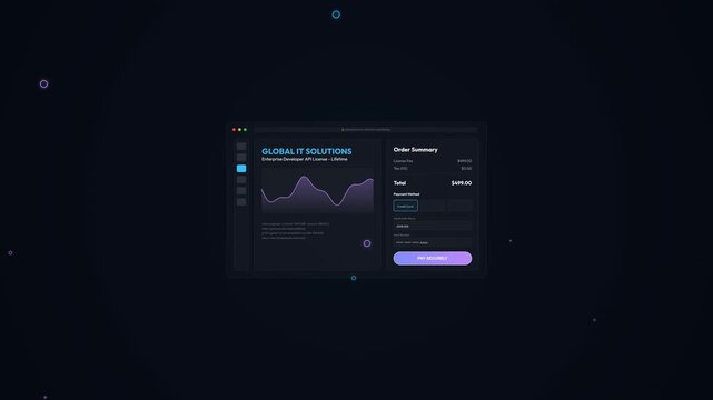 Animated infographic detailing a secure checkout ecosystem with end-to-end encrypted payload routing, showing payment gateway connections to acquiring banks, card networks, and AI fraud engines
