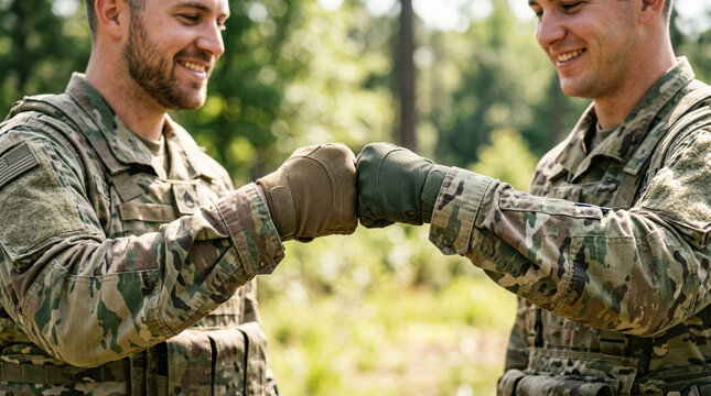 Military soldiers giving fist bump outdoors - camaraderie and teamwork