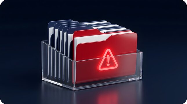 Red folder with glowing warning icon representing data security risk and urgent file alert.