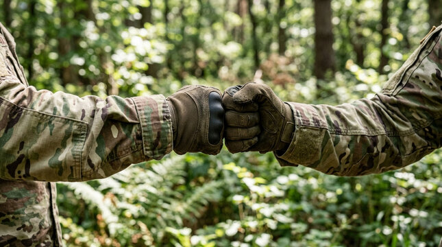 Soldiers Fist Bump in Forest: Unity, Teamwork, Camouflage, Nature