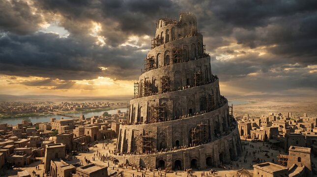 Ancient Tower of Babel under dramatic cloudy sky during construction in Mesopotamian city, biblical history concept