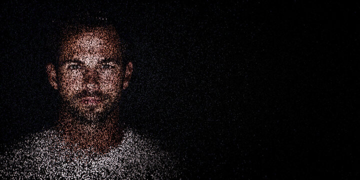 Digital ID Portrait of Man with Face made up of Code. Multi-factor authentication Concept with copy-space.
