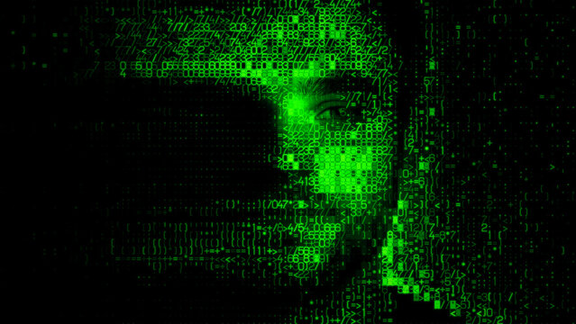 Digital Face formed from Numeric Data, illustrating Surveillance Capitalism Concept.