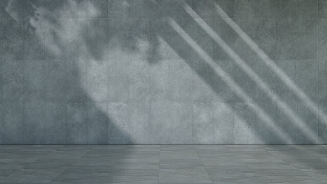 Vacant Exterior Promenade with Faux Plaster Panel Wall and Tiled Floor in Direct Sunlight. Construction Concept with copy-space.