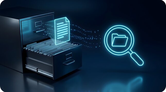 Digital document search and data management concept with filing cabinet and glowing neon icons