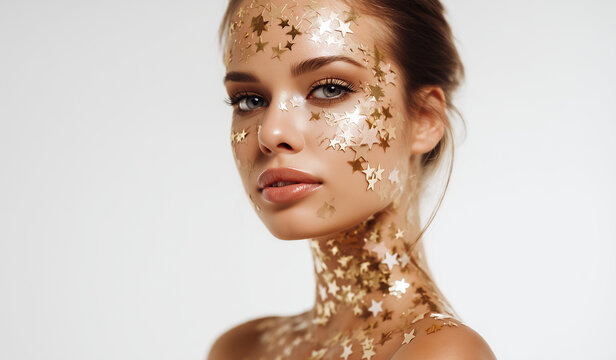 Model displays a creative makeup design with star-shaped glitter on her face