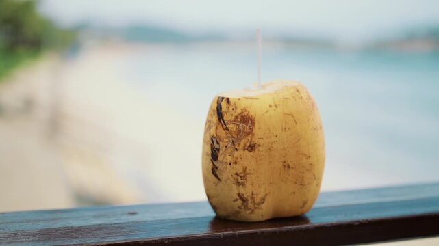 Relax in summer vacation, enjoy holiday trip to ocean, refresh coconut cocktail. Visit beach bar or restaurant on sea coast, soft drinks for refreshing in hot summer day, thirst, alcoholic beverage