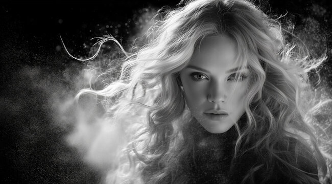 Model with long curly hair poses against a dark background with swirling dust during a photoshoot in a studio setting