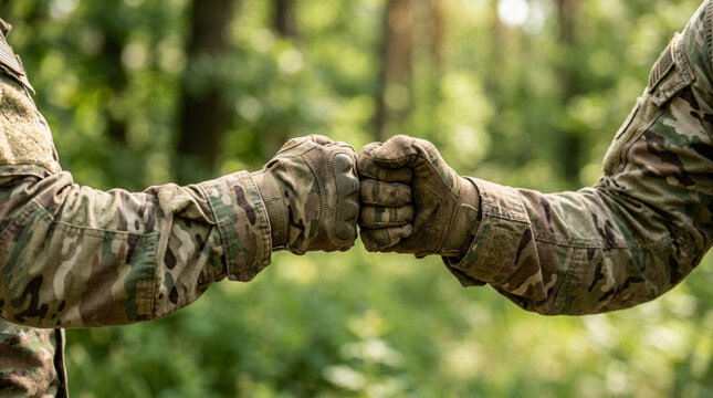 Soldiers' fist bump in forest, camaraderie, support, teamwork, military friendship