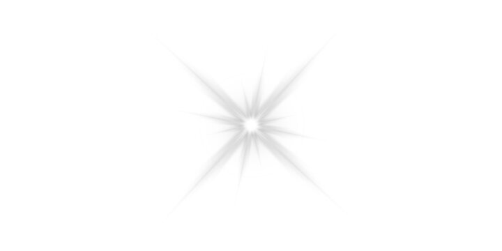 Soft white starburst light effect with delicate radial rays. Minimal glowing sparkle centered on a clean white background. Elegant abstract flare for overlays, highlights and graphic design.