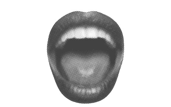 Halftone open mouth illustration with visible teeth and tongue. Dotted monochrome texture creates a retro print effect. Realistic oral shape suits dental, speech, medical, and creative designs.