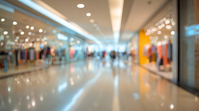 Blurred shopping mall interior showing storefronts and people walking along polished floors, representing retail lifestyle