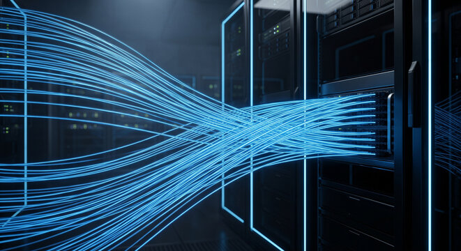 Glowing blue fiber optic data streams flowing into a server rack in a modern dark data center