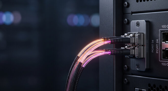 Close-up of glowing fiber optic cables connected to a network server switch with a dark bokeh background