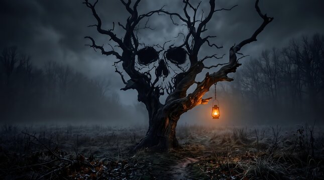 Spooky dead tree shaped like a skull with a glowing lantern in a foggy forest