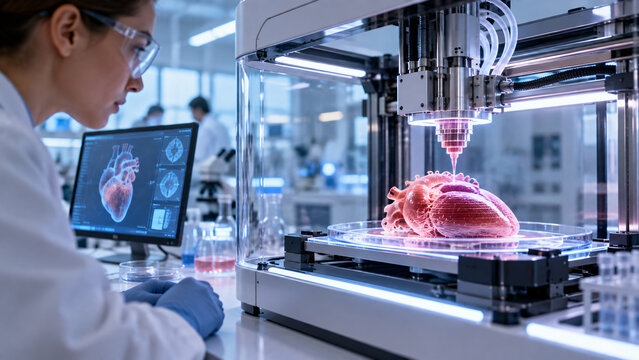 Scientist observing a futuristic 3D bioprinter creating a detailed human heart model, representing tissue engineering, regenerative medicine and advanced biotechnology