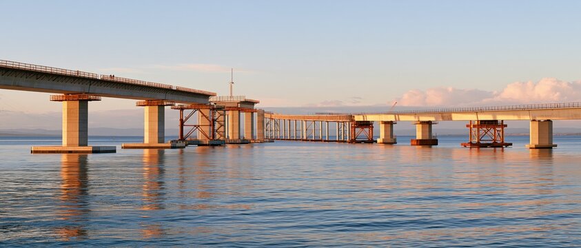 Bridge under construction over calm water at sunset with soft lighting and orange reflections