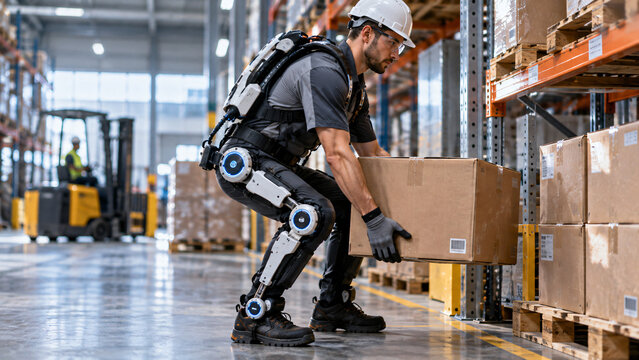 Worker Using a Robotic Exoskeleton in a Warehouse