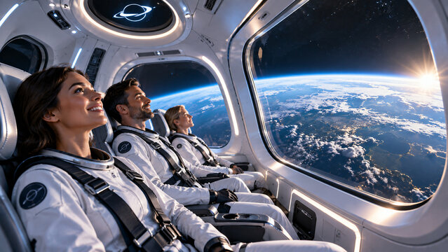 Passengers aboard a futuristic commercial spacecraft gazing through panoramic windows at Earth from orbit, representing the emerging era of space tourism and commercial space travel