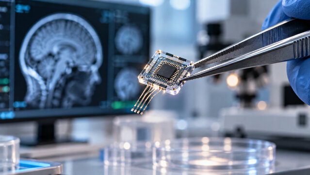 Advanced microchip held with precision tweezers in a biomedical laboratory, with brain imaging visible in the background, symbolizing neurotechnology and medical innovation