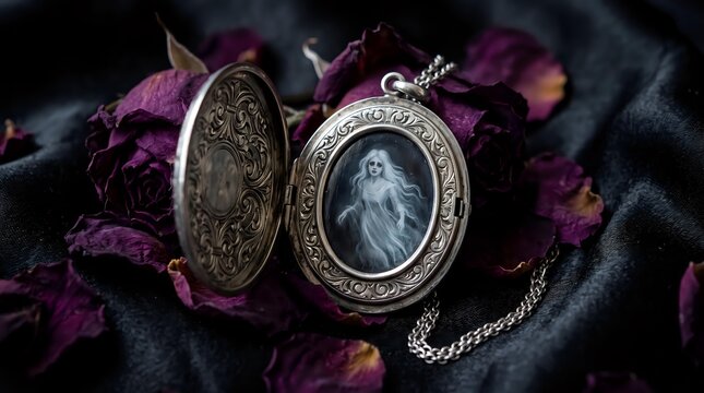 Open silver locket with a miniature painting of a ghost woman amidst dried roses