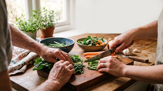 Couple preparing fresh vegetables together on a wooden cutting board in a bright home kitchen.