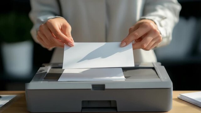 Businesswoman placing a white sheet of paper into a modern office scanner during a busy workday. Close up view of hands using scanning equipment for digital document management