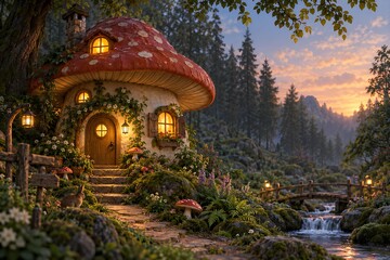 Obraz premium 3D fantasy illustration of a whimsical mushroom house near a flowing river in an enchanted forest.