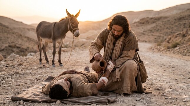 Compassionate Samaritan kneeling on desert road pouring oil on wounded traveler at sunset, biblical parable of the good samaritan photo