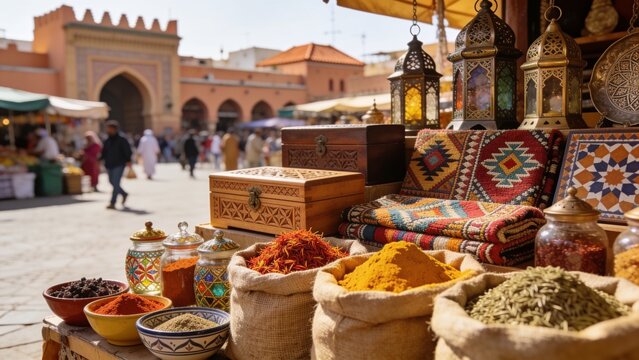 souvenirs and spices on the Jamaa el Fna market in old Medina, Marrakesh, Morocco