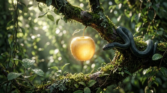 Macro photo of glowing golden forbidden fruit hanging on branch with black snake in garden of eden sunbeams