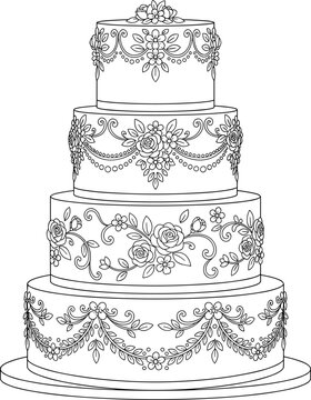 Elegant four tiered floral wedding cake line art vector illustration isolated on white background