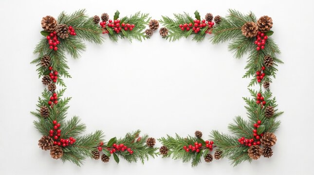 Festive christmas frame with evergreen branches pinecones and red holiday decorations