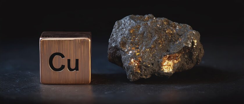 Copper element cube with a rock sample.