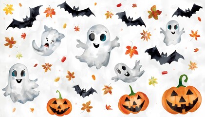 Obraz premium Cute Watercolor Halloween Ghosts, Carved Pumpkins, Flying Bats and Autumn Leaves