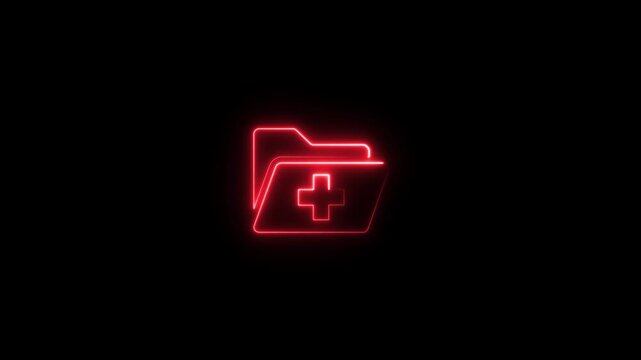 Glowing red neon medical folder animation on black background, healthcare