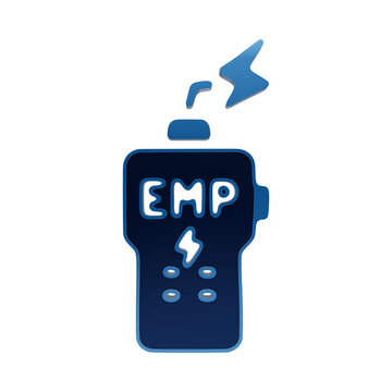 Electromagnetic pulse emp device icon with lightning bolt symbol for electronic warfare and cyber security concepts in blue neon style isolated on a transparent background